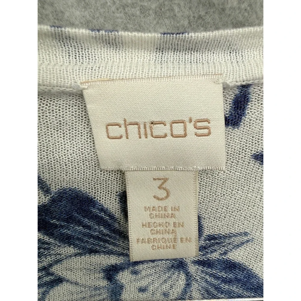 Chico's Cardigan Women Size 3 US XL Blue Floral Ombre Open Front Sheer Hem